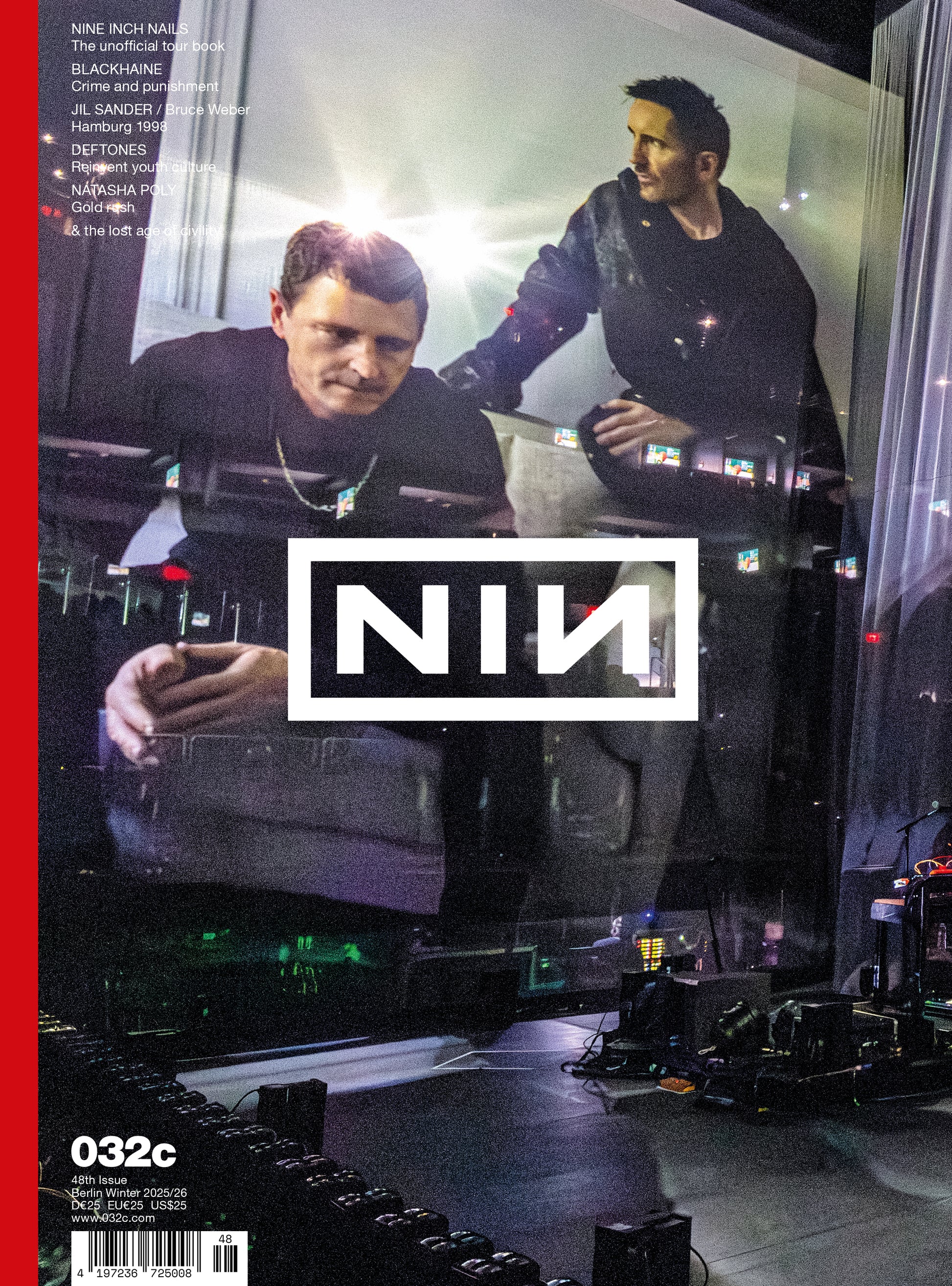 032c Magazine Issue 48 Winter 2025/26 with Nine Inch Nails on the cover in a layered, reflective backstage scene.